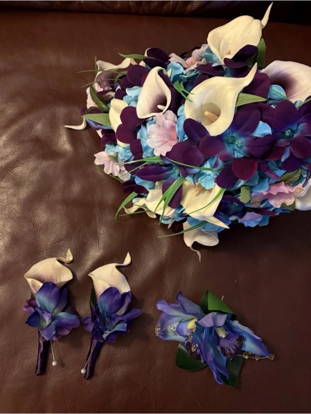 Purple & Ivory Calla Lily Wedding Bouquet with Boutonnieres